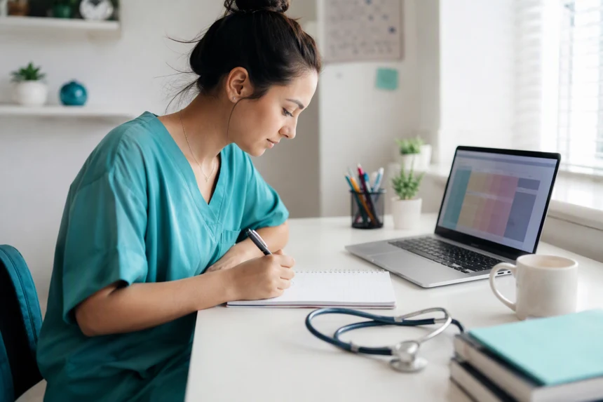 Nursing student writing a care plan as part of custom nursing essays help